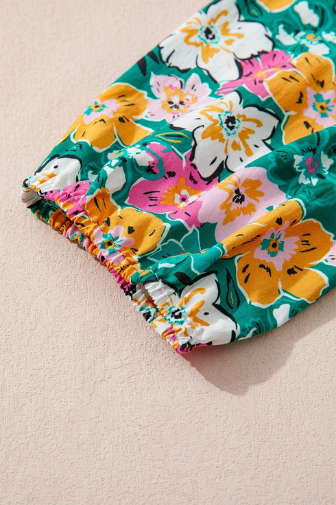 Bohemian Floral Print Contrast Trim V Neck Sleeve Blouse