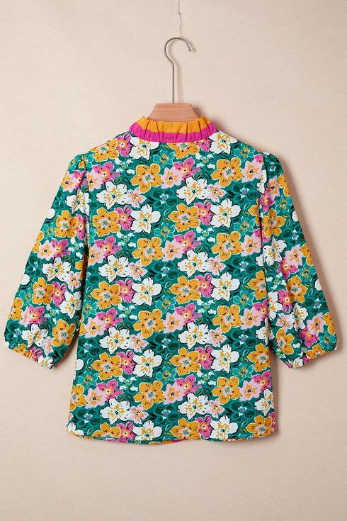 Bohemian Floral Print Contrast Trim V Neck Sleeve Blouse
