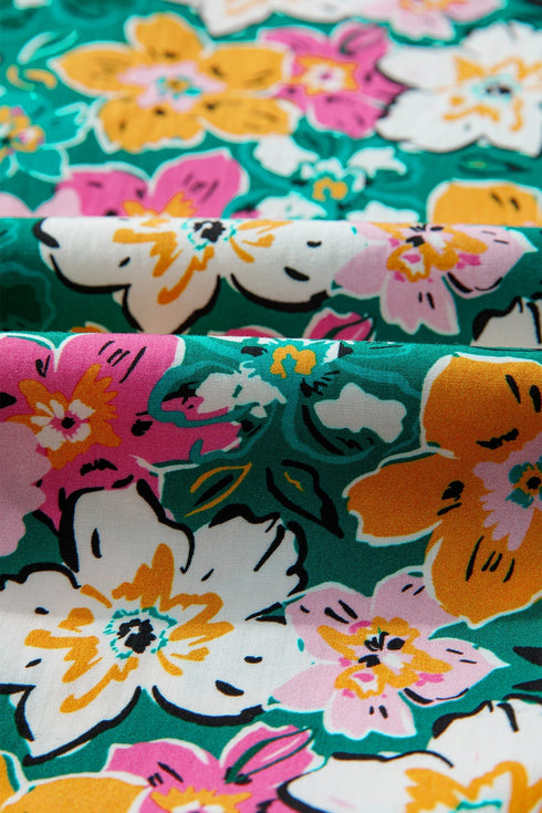 Bohemian Floral Print Contrast Trim V Neck Sleeve Blouse