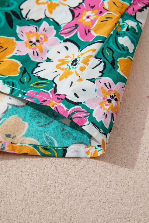 Bohemian Floral Print Contrast Trim V Neck Sleeve Blouse