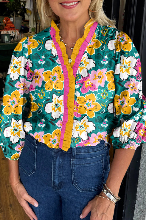 Bohemian Floral Print Contrast Trim V Neck Sleeve Blouse
