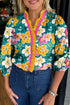 Bohemian Floral Print Contrast Trim V Neck Sleeve Blouse