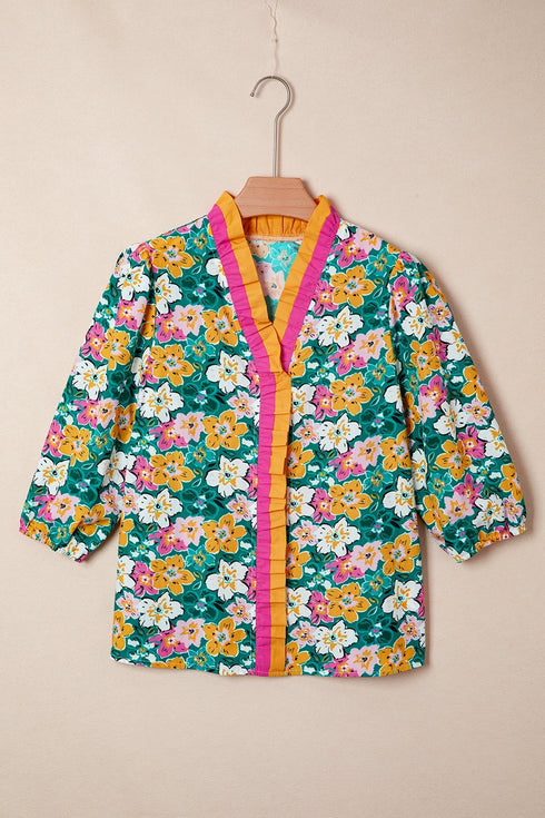 Bohemian Floral Print Contrast Trim V Neck Sleeve Blouse