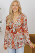 Bohemian Floral Print Deep V Neck Bell Sleeve Blouse