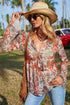 Bohemian Floral Print Deep V Neck Bell Sleeve Blouse