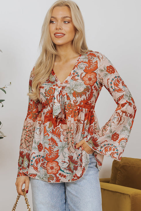 Bohemian Floral Print Deep V Neck Bell Sleeve Blouse