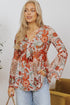 Bohemian Floral Print Deep V Neck Bell Sleeve Blouse