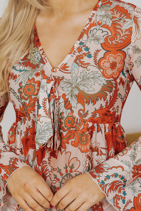 Bohemian Floral Print Deep V Neck Bell Sleeve Blouse