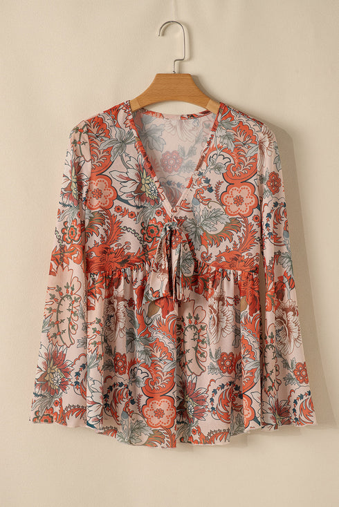 Bohemian Floral Print Deep V Neck Bell Sleeve Blouse