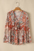 Bohemian Floral Print Deep V Neck Bell Sleeve Blouse