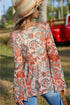 Bohemian Floral Print Deep V Neck Bell Sleeve Blouse