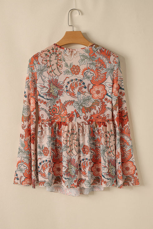 Bohemian Floral Print Deep V Neck Bell Sleeve Blouse