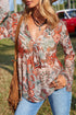Bohemian Floral Print Deep V Neck Bell Sleeve Blouse