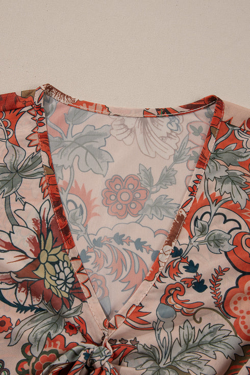 Bohemian Floral Print Deep V Neck Bell Sleeve Blouse