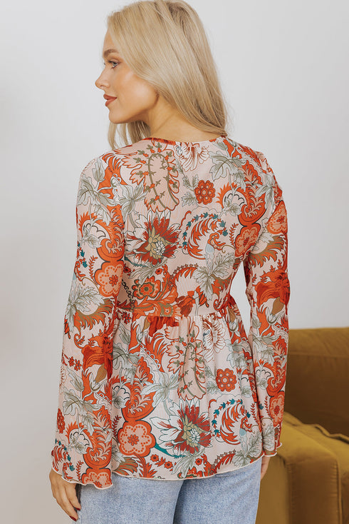 Bohemian Floral Print Deep V Neck Bell Sleeve Blouse