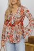 Bohemian Floral Print Deep V Neck Bell Sleeve Blouse