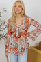 Bohemian Floral Print Deep V Neck Bell Sleeve Blouse