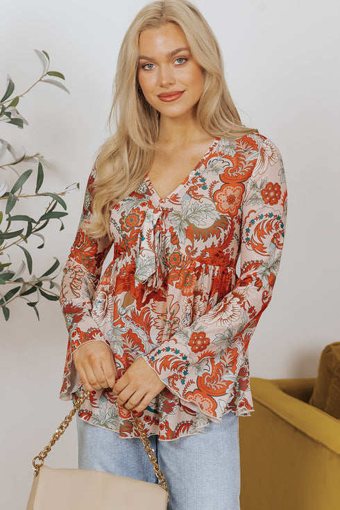 Bohemian Floral Print Deep V Neck Bell Sleeve Blouse