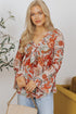 Bohemian Floral Print Deep V Neck Bell Sleeve Blouse