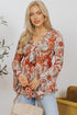 Bohemian Floral Print Deep V Neck Bell Sleeve Blouse