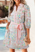 Bohemian Floral Print Detailed Trim Half Button Belted Dress
