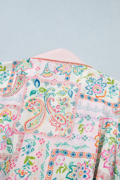 Bohemian Floral Print Detailed Trim Half Button Belted Dress