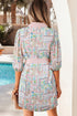 Bohemian Floral Print Detailed Trim Half Button Belted Dress