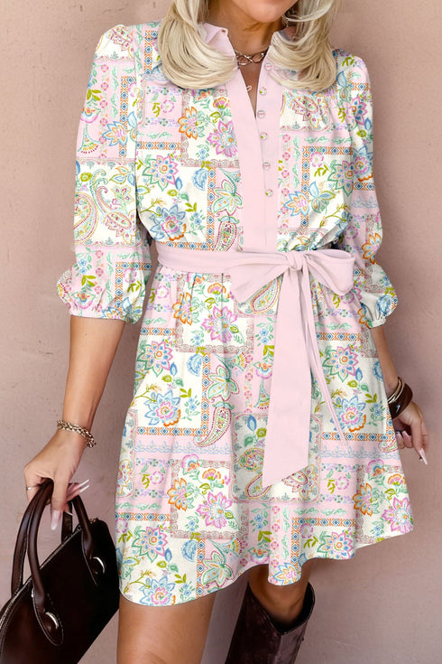 Bohemian Floral Print Detailed Trim Half Button Belted Dress
