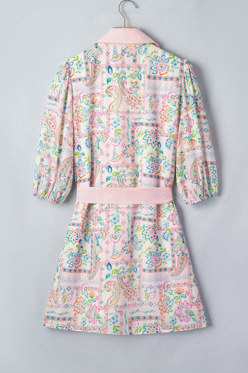 Bohemian Floral Print Detailed Trim Half Button Belted Dress
