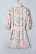 Bohemian Floral Print Detailed Trim Half Button Belted Dress