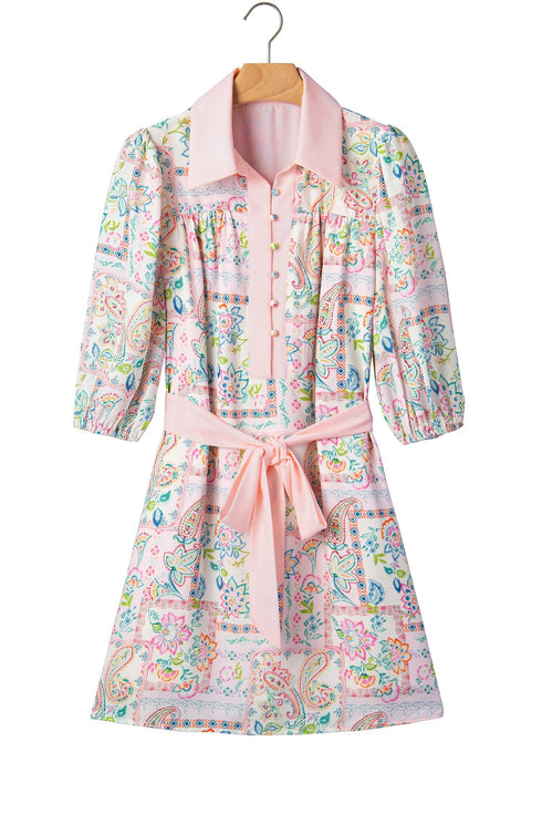 Bohemian Floral Print Detailed Trim Half Button Belted Dress