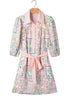 Bohemian Floral Print Detailed Trim Half Button Belted Dress