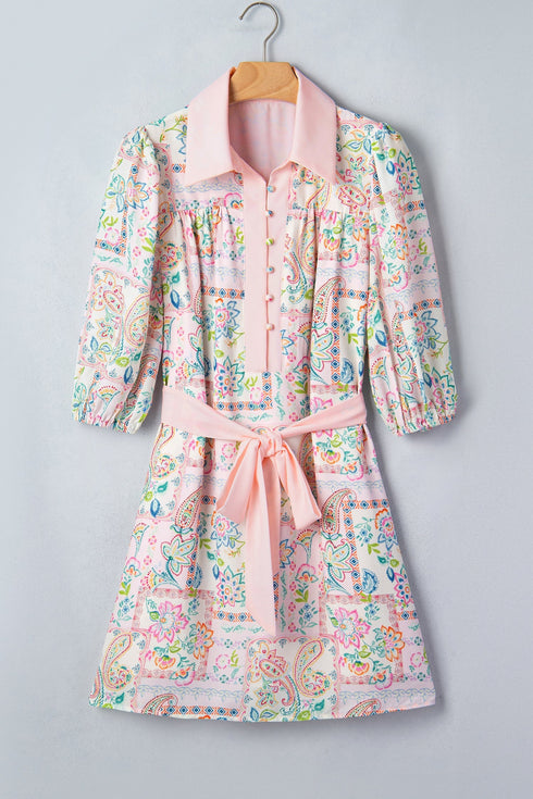 Bohemian Floral Print Detailed Trim Half Button Belted Dress