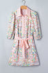 Bohemian Floral Print Detailed Trim Half Button Belted Dress