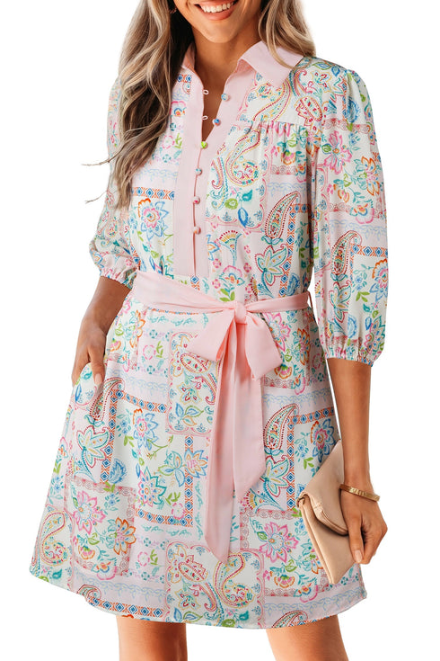 Bohemian Floral Print Detailed Trim Half Button Belted Dress