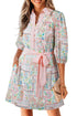 Bohemian Floral Print Detailed Trim Half Button Belted Dress