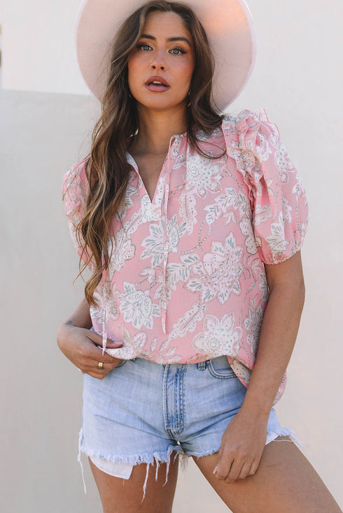 Bohemian Floral Print Drawstring V Neck Puff Sleeve Blouse