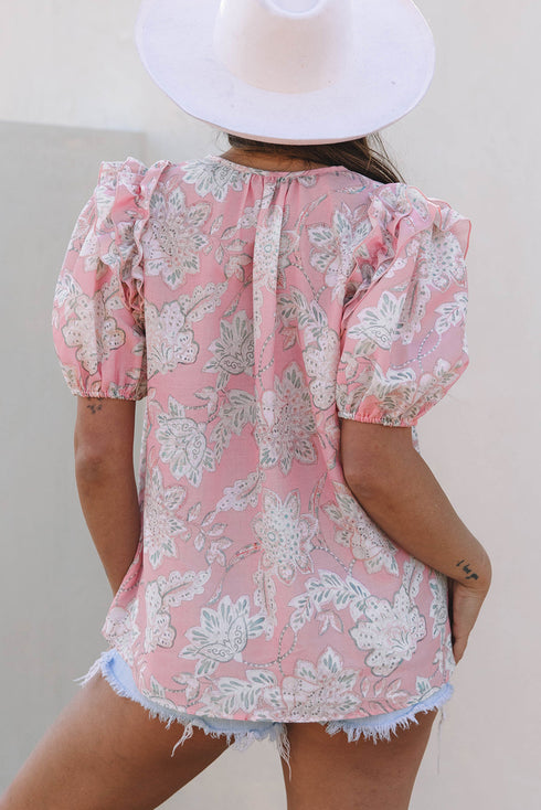 Bohemian Floral Print Drawstring V Neck Puff Sleeve Blouse