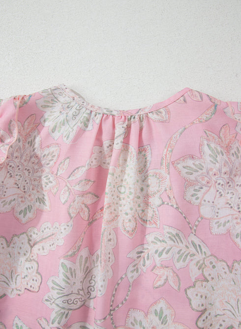 Bohemian Floral Print Drawstring V Neck Puff Sleeve Blouse