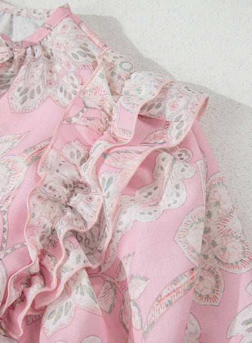 Bohemian Floral Print Drawstring V Neck Puff Sleeve Blouse