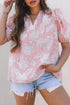 Bohemian Floral Print Drawstring V Neck Puff Sleeve Blouse