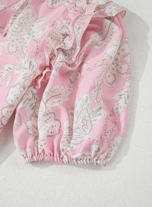 Bohemian Floral Print Drawstring V Neck Puff Sleeve Blouse