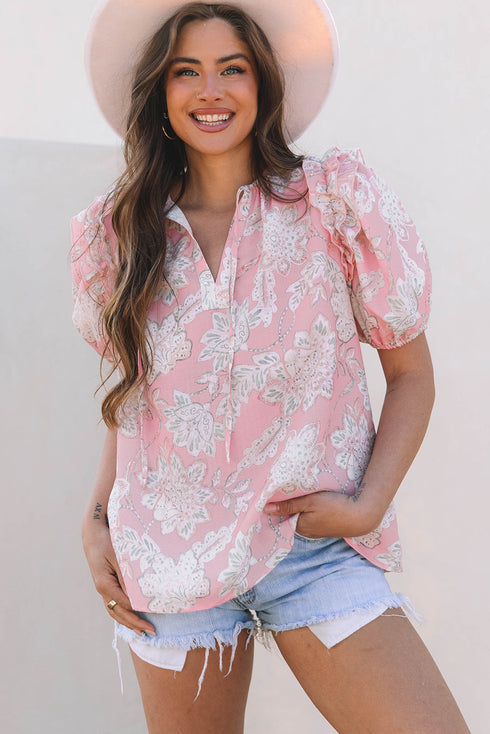 Bohemian Floral Print Drawstring V Neck Puff Sleeve Blouse