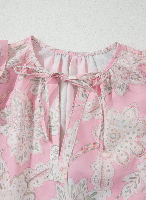 Bohemian Floral Print Drawstring V Neck Puff Sleeve Blouse