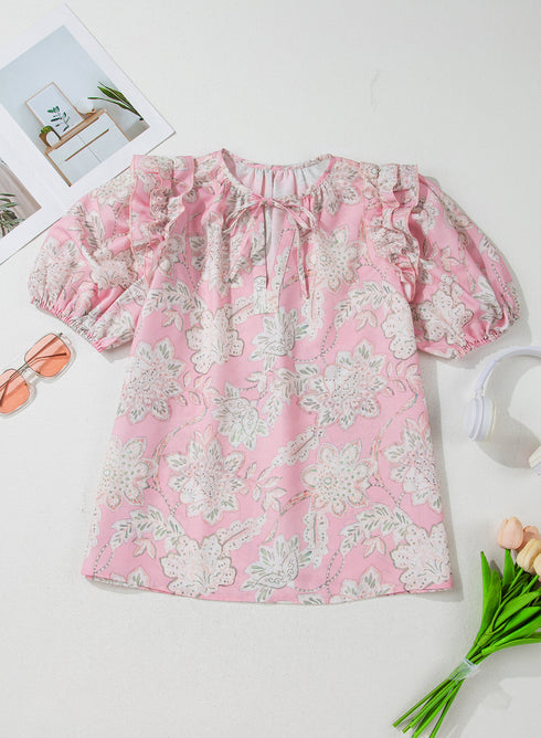 Bohemian Floral Print Drawstring V Neck Puff Sleeve Blouse