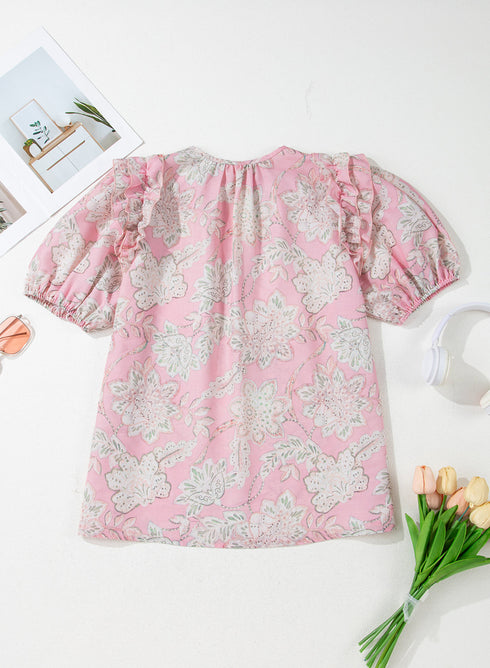 Bohemian Floral Print Drawstring V Neck Puff Sleeve Blouse