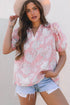 Bohemian Floral Print Drawstring V Neck Puff Sleeve Loose Summer Blouse