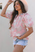 Bohemian Floral Print Drawstring V Neck Puff Sleeve Loose Summer Blouse