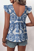 Bohemian Floral Print Flutter Sleeve Crew Neck Blouse