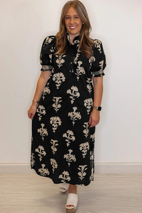 Bohemian Floral Print Frilled Collar Puff Sleeve Maxi Dress